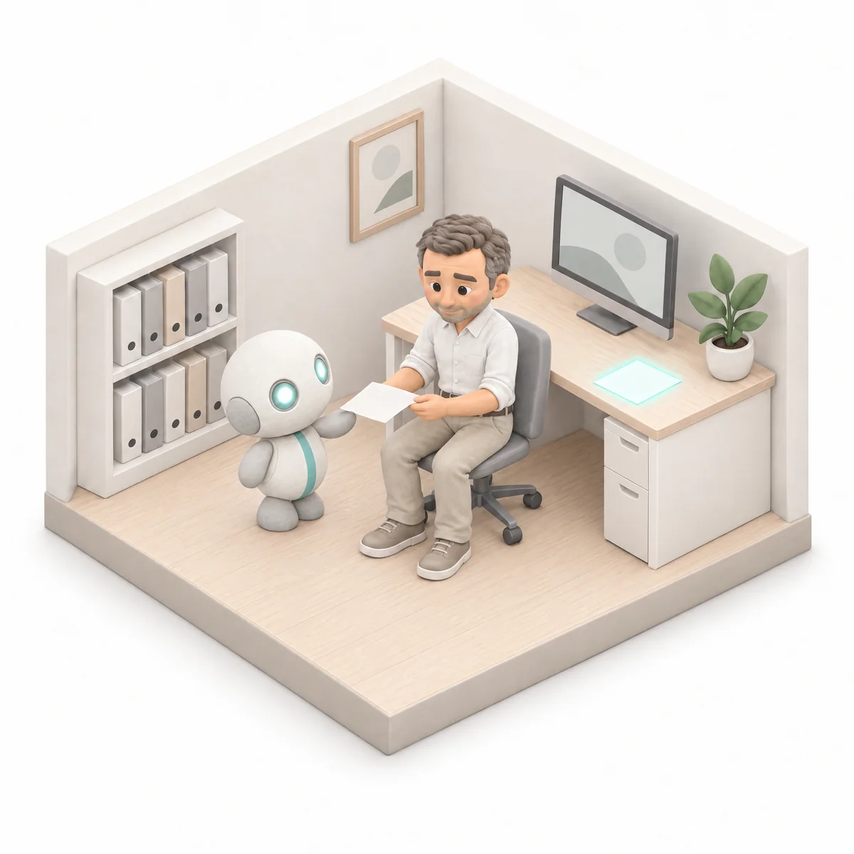 Illustrazione: il titolare seduto rilegge un foglio; in piedi accanto a lui il robot assistente lo guarda, pronto ad aiutarlo.
