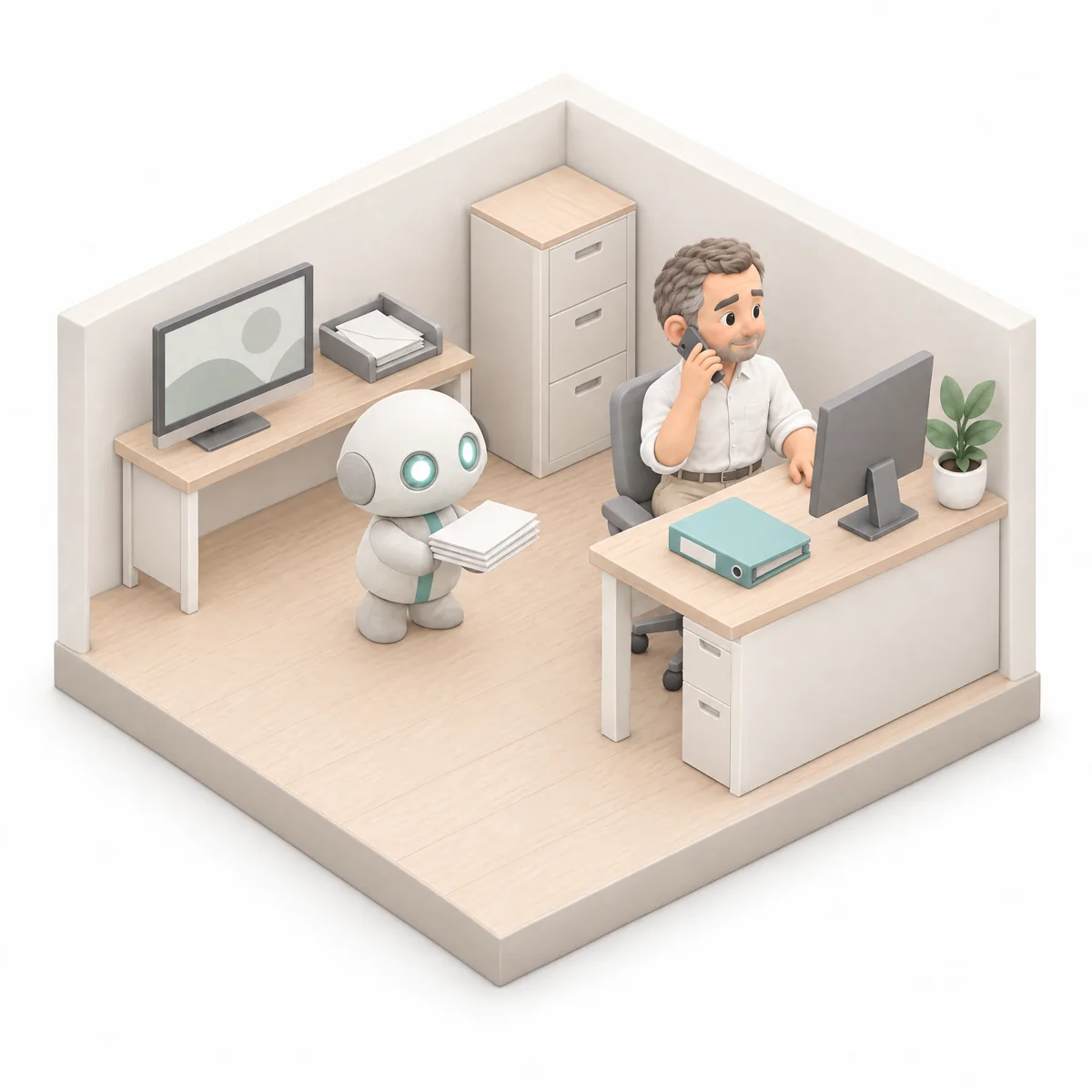 Illustrazione: il titolare lavora al telefono alla sua scrivania, mentre il robot assistente porta una pila di fogli dalla scrivania con il monitor del gestionale e il vassoio della posta; sullo sfondo lo schedario dei clienti.