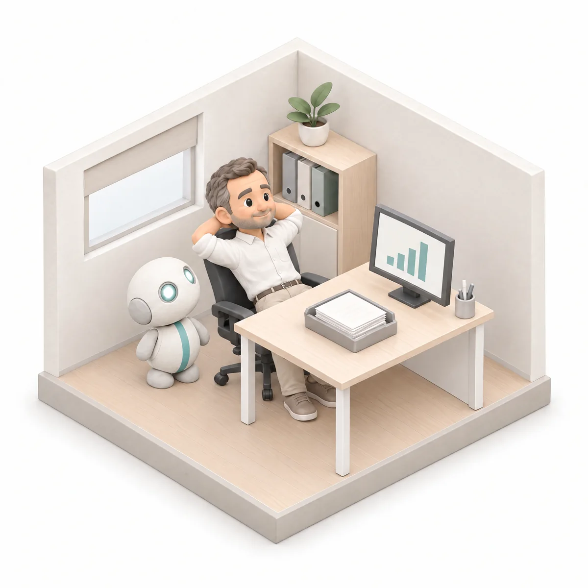 Illustrazione: lo stesso ufficio in ordine. Il titolare si appoggia allo schienale con le mani dietro la testa, sul monitor un grafico a barre, accanto alla scrivania il robot assistente.